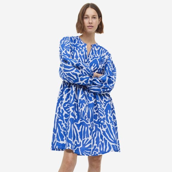 H&M Dresses & Skirts - NWT H&M Bright Blue Pattern Linen Blend Short Dress Size: Medium